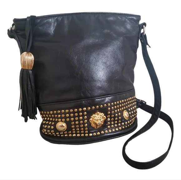 Vintage Handbags - VINTAGE 80's Black Genuine Leather Gold Studded Lion Bucket Crossbody Bag Purse